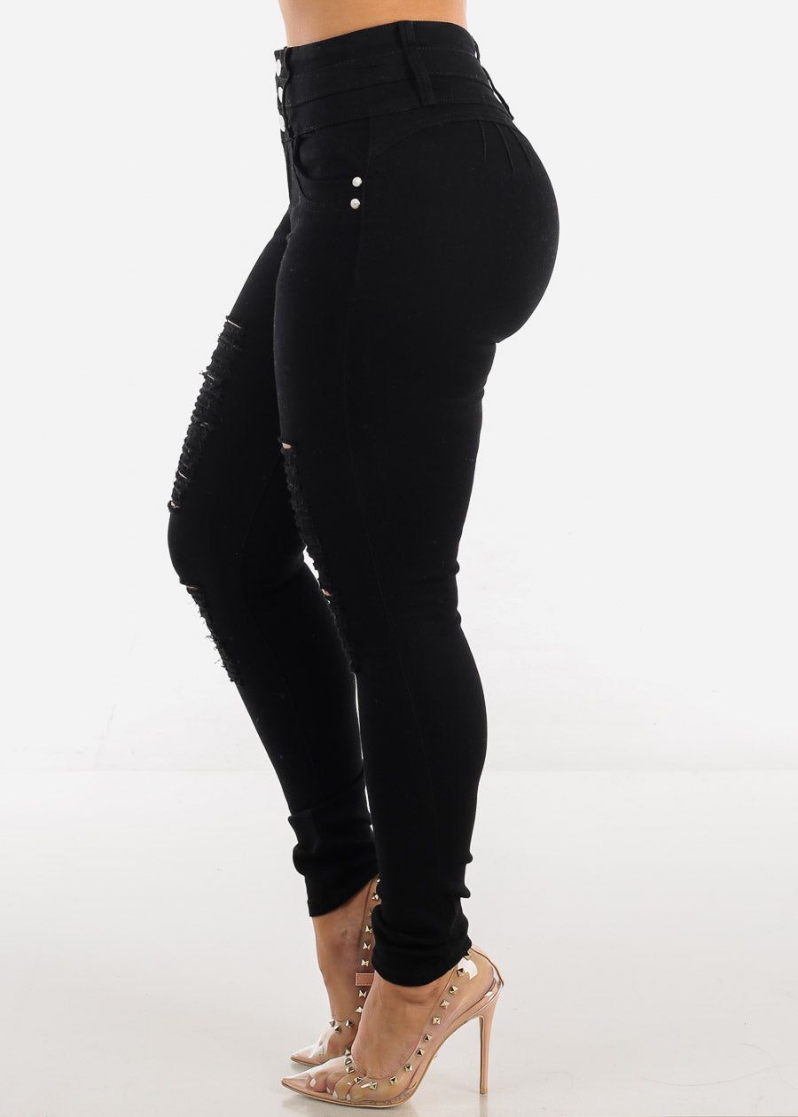 Distressed Butt Lifting Black Skinny Jeans sold by Moda