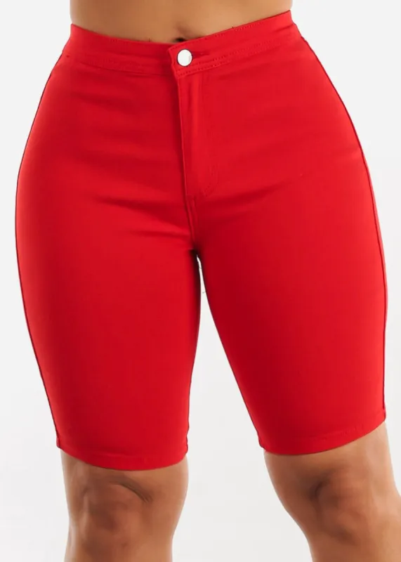 Red High Waist Hyper Stretch Bermuda Shorts sold by Moda