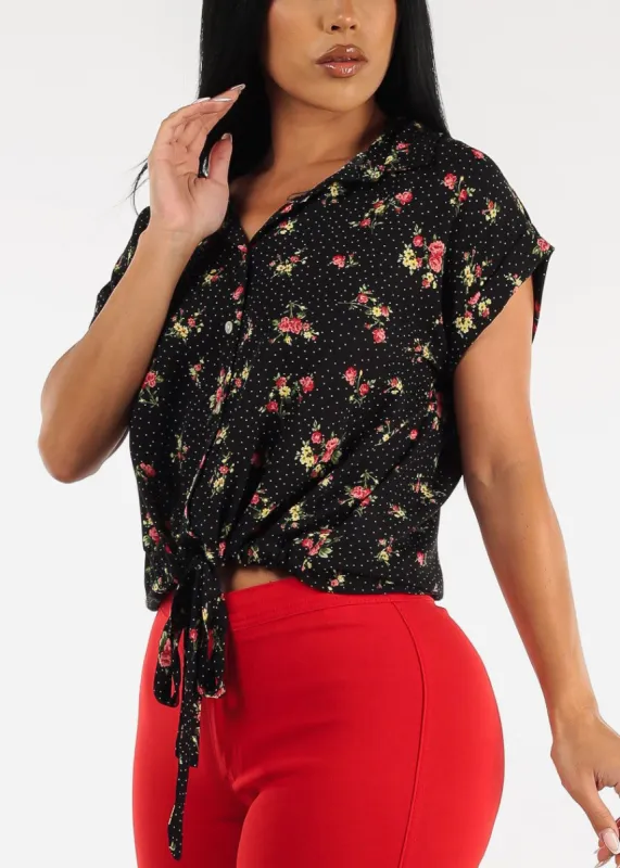 Black Button Up Drawstring Hem Short Sleeve Floral Blouse sold by Moda