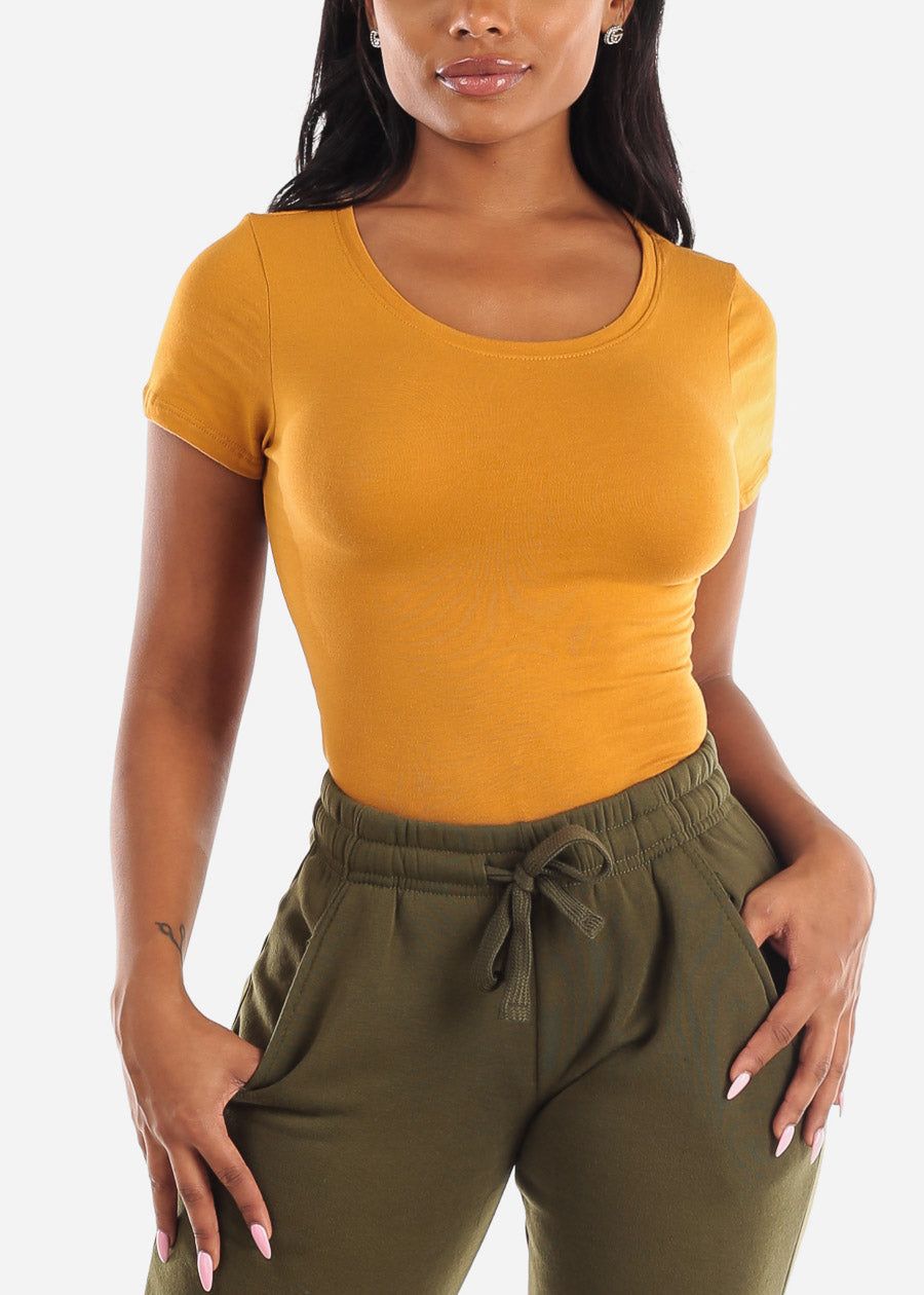 Short Sleeve Crewneck Thong Bodysuit Mustard sold by Moda