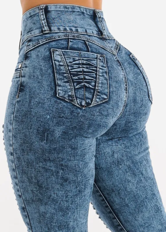 Butt Lifting Distressed Acid Wash Skinny Jeans sold by Moda