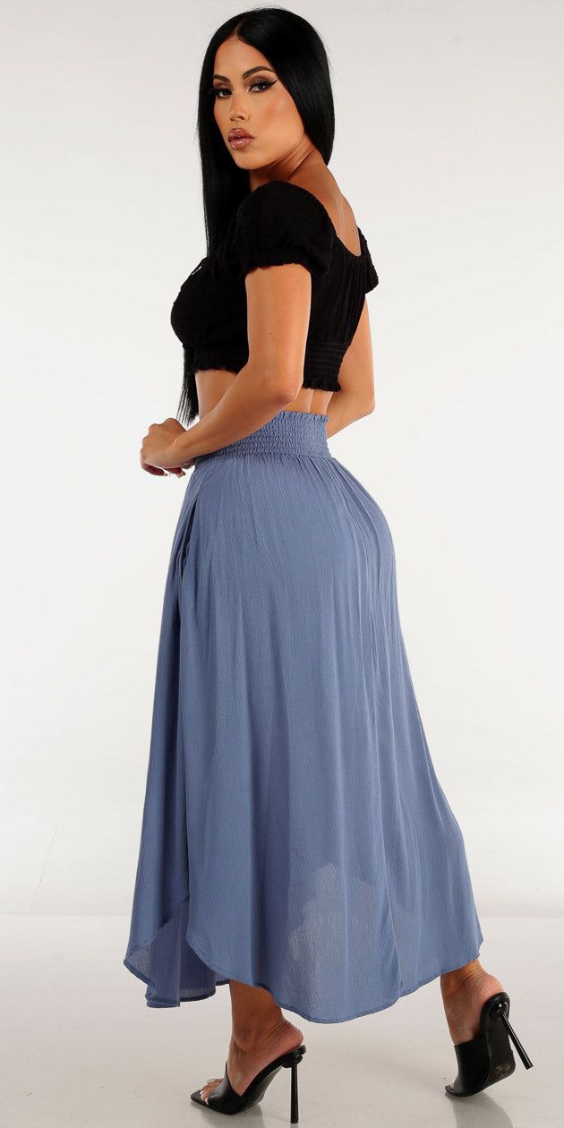 Blue Smocked Waist Maxi Skirt with Black Short Sleeve Smocked Hem Crop Top sold by Moda product image thumbnail 2