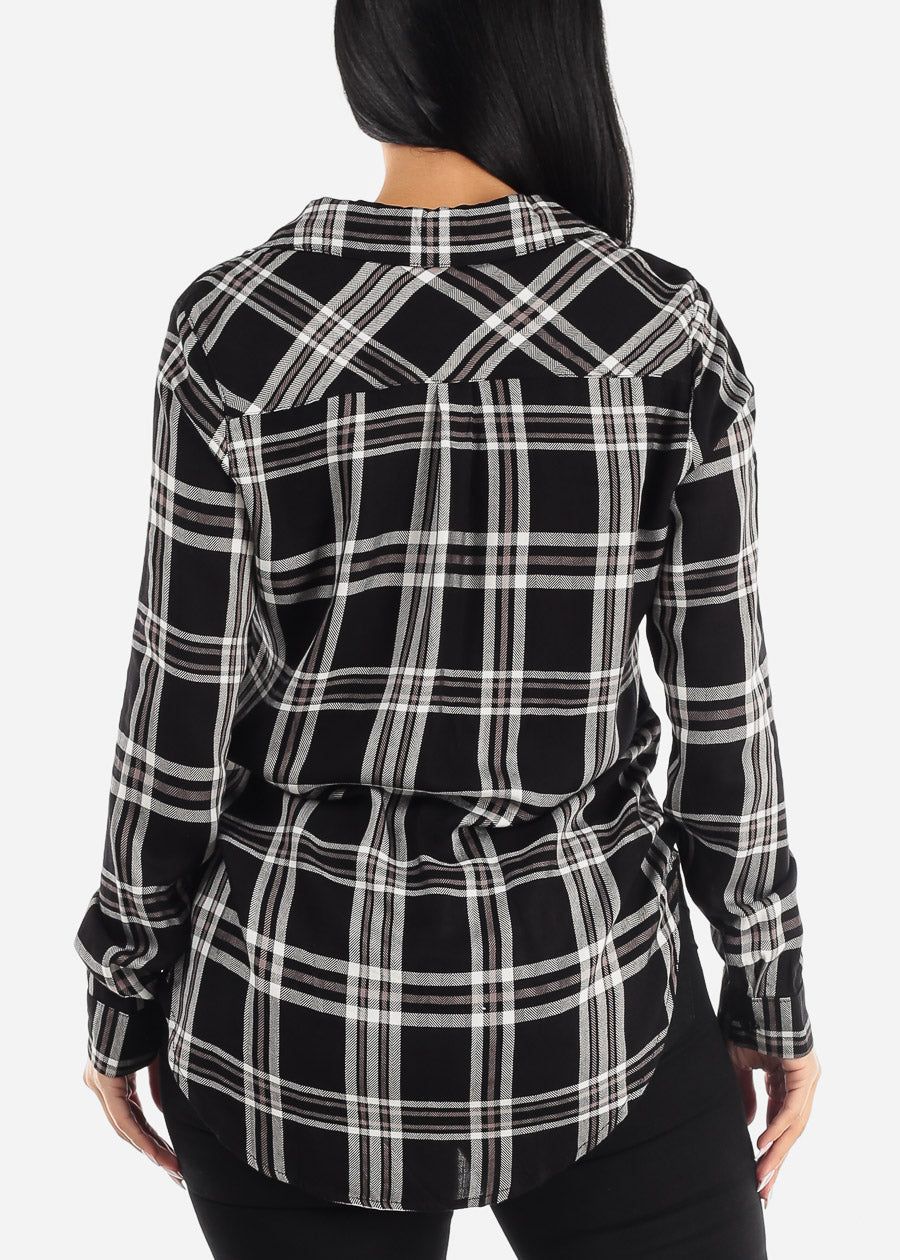 Long Sleeve Button Up Plaid Rayon Shirt Black sold by Moda product image thumbnail 4