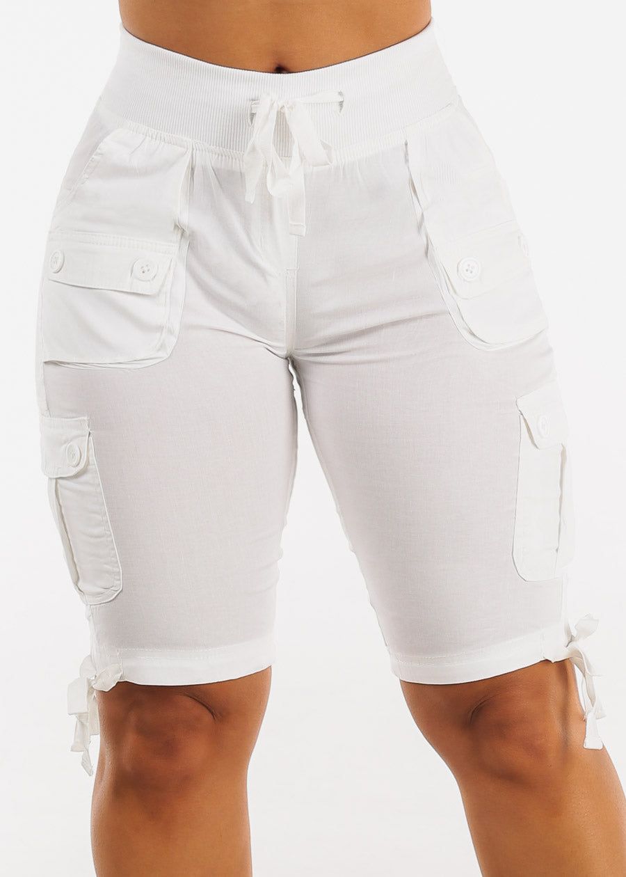 White High Waist Drawstring Cargo Bermuda Shorts sold by Moda