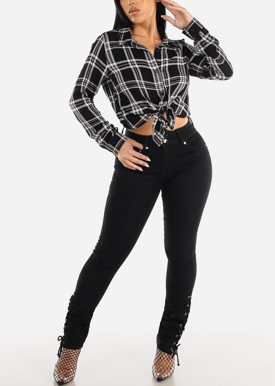 Long Sleeve Button Up Plaid Rayon Shirt Black sold by Moda product image thumbnail 5