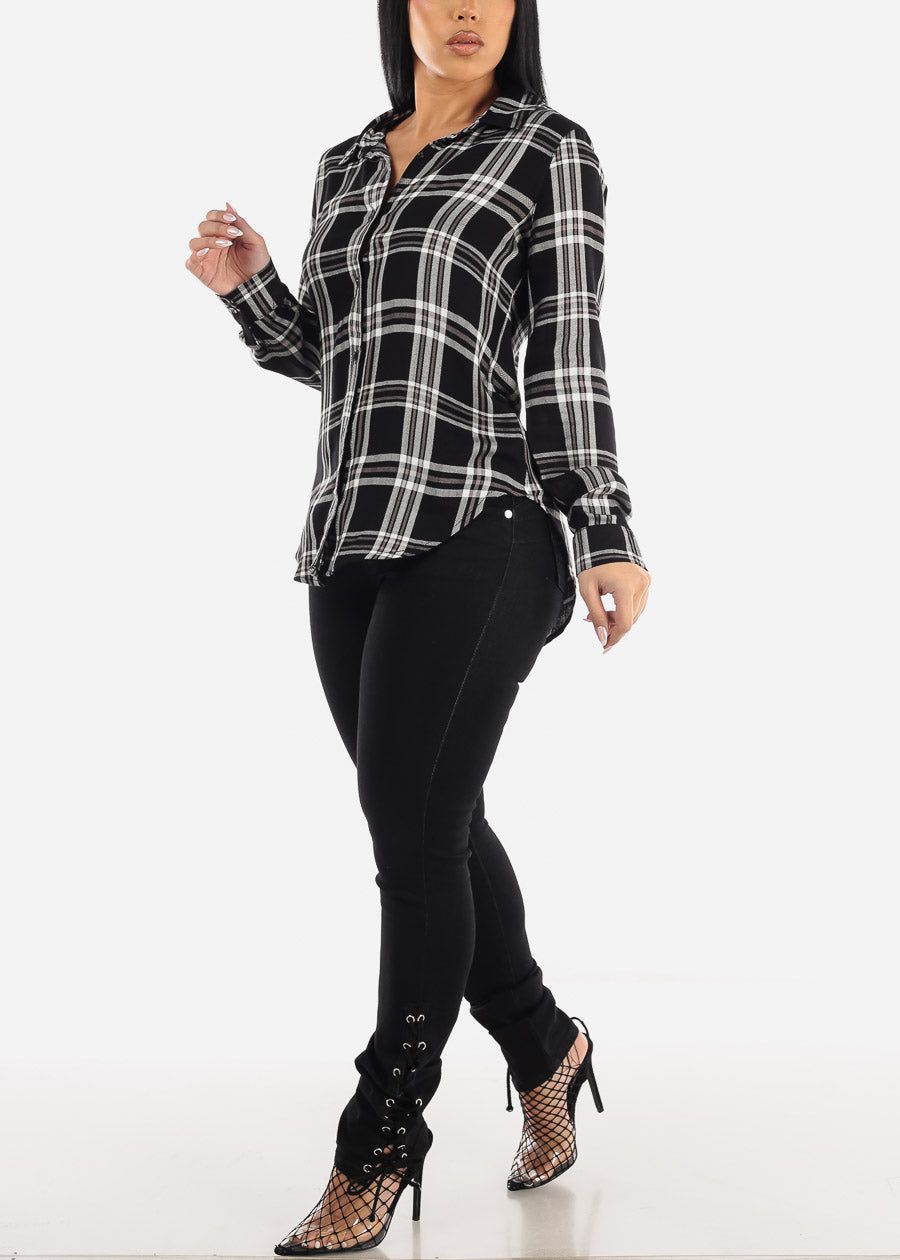 Long Sleeve Button Up Plaid Rayon Shirt Black sold by Moda product image thumbnail 2