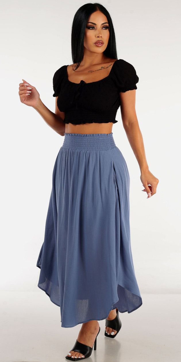 Blue Smocked Waist Maxi Skirt with Black Short Sleeve Smocked Hem Crop Top sold by Moda