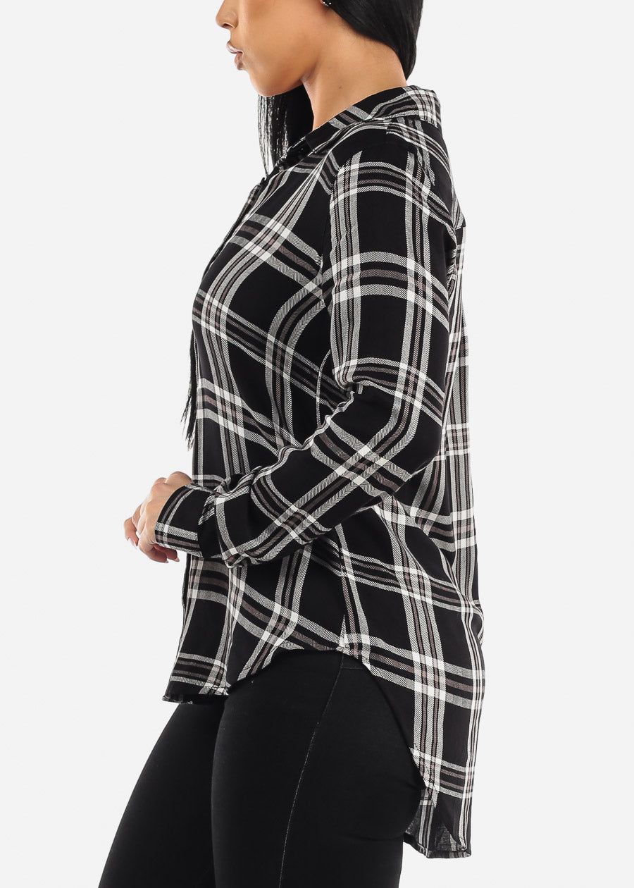 Long Sleeve Button Up Plaid Rayon Shirt Black sold by Moda product image thumbnail 3