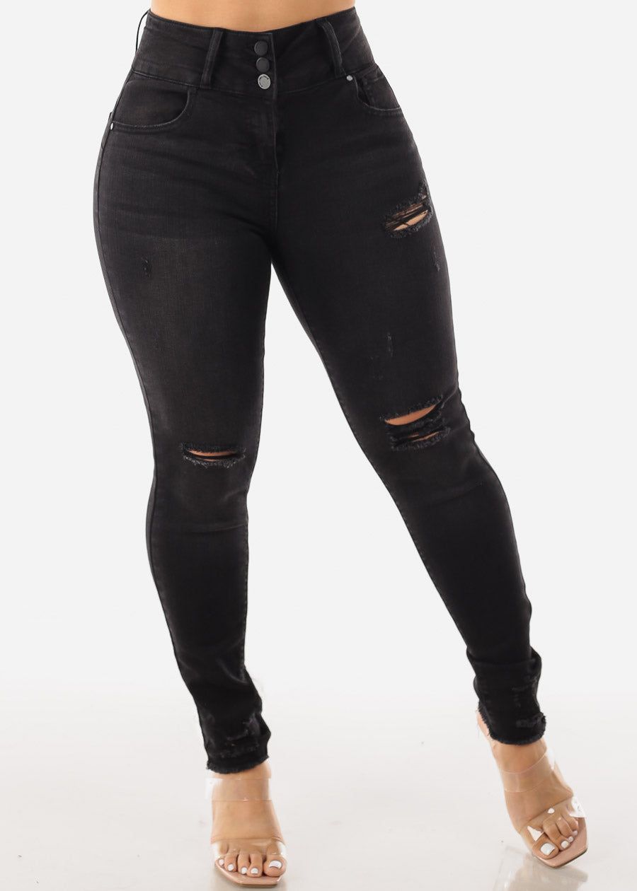 High Rise Black Butt Lifting Distressed Skinny Jeans sold by Moda product image thumbnail 3