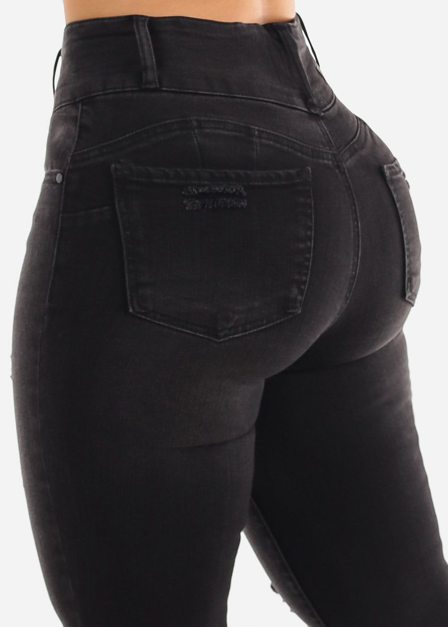 High Rise Black Butt Lifting Distressed Skinny Jeans sold by Moda