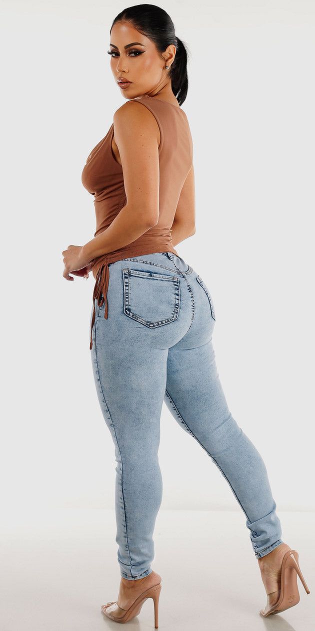 High Waisted Acid Wash Skinny Jeans with Sleeveless Ruched Sides Mesh Top sold by Moda product image thumbnail 2