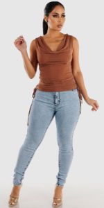 High Waisted Acid Wash Skinny Jeans with Sleeveless Ruched Sides Mesh Top sold by Moda