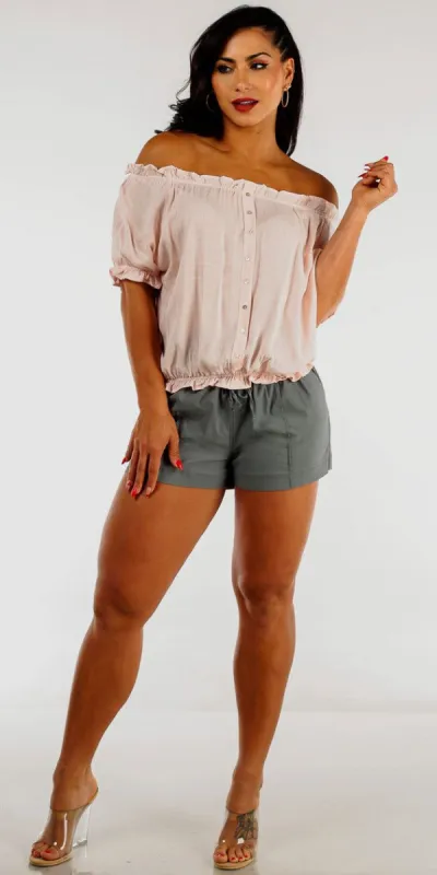 Stretch High Rise Sage Drawstring Shorts with Off Shoulder Light Pink Rayon Top sold by Moda