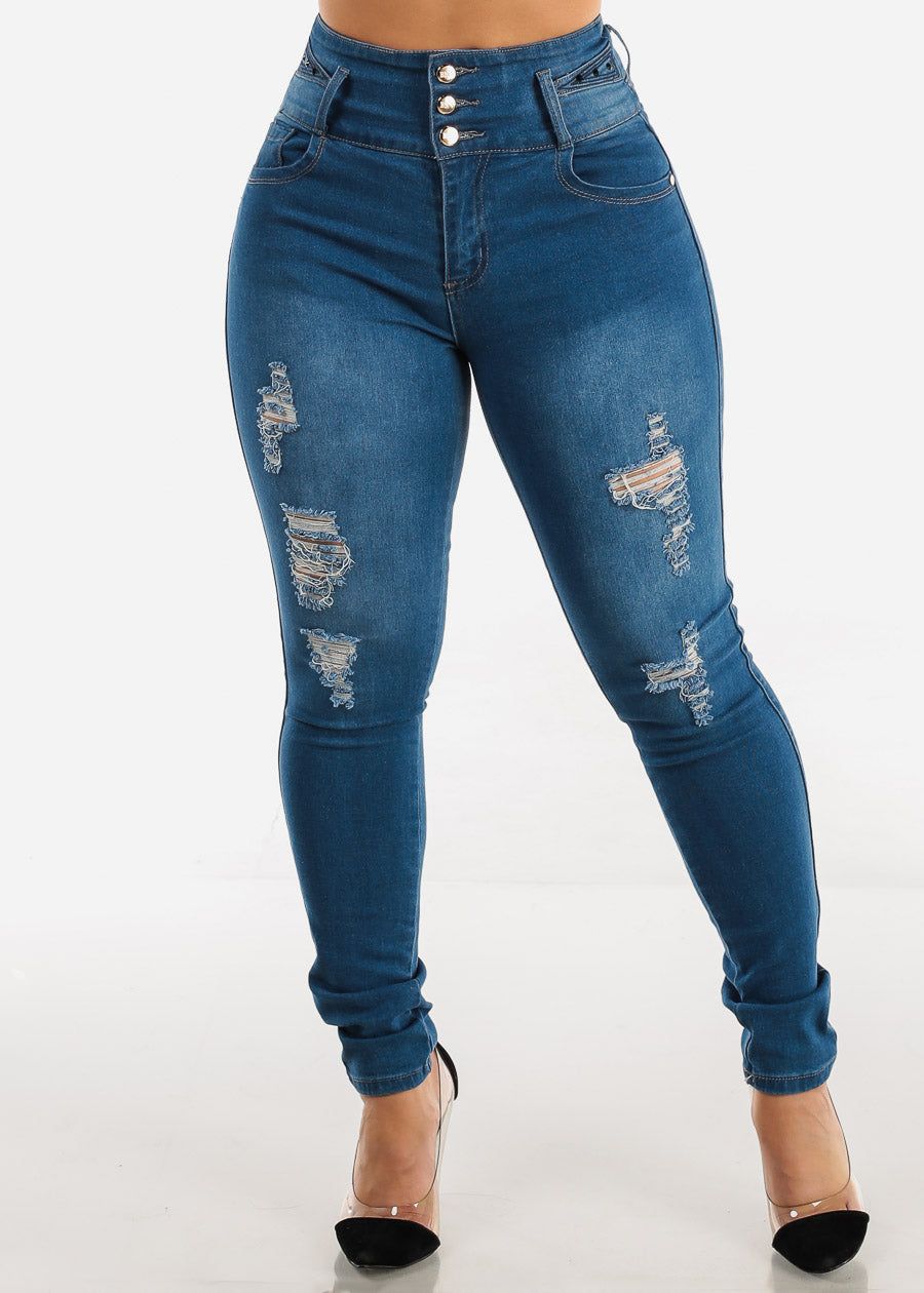 Super High Waisted Ripped Levantacola Skinny Jeans Med Blue sold by Moda product image thumbnail 3