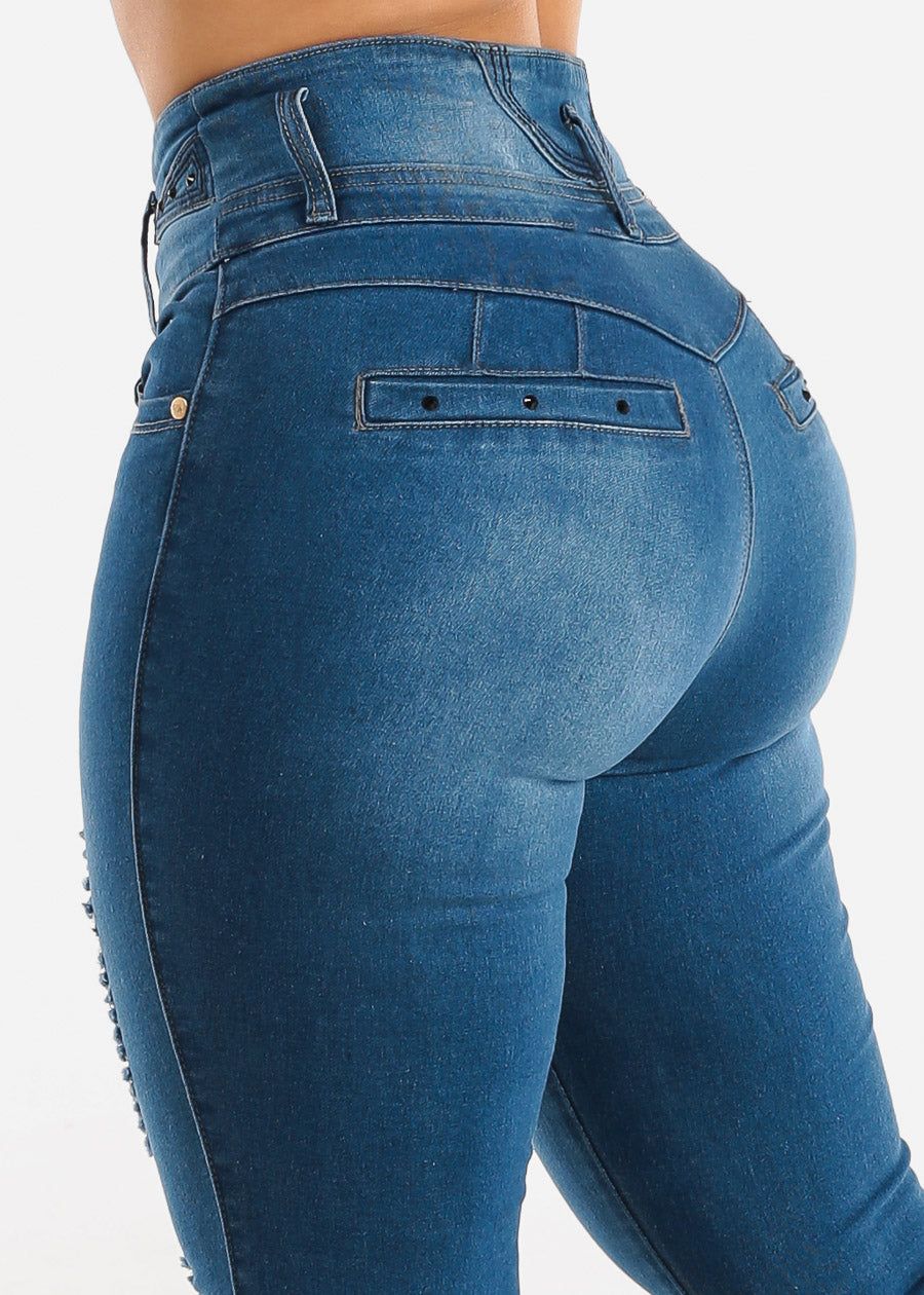 Super High Waisted Ripped Levantacola Skinny Jeans Med Blue sold by Moda