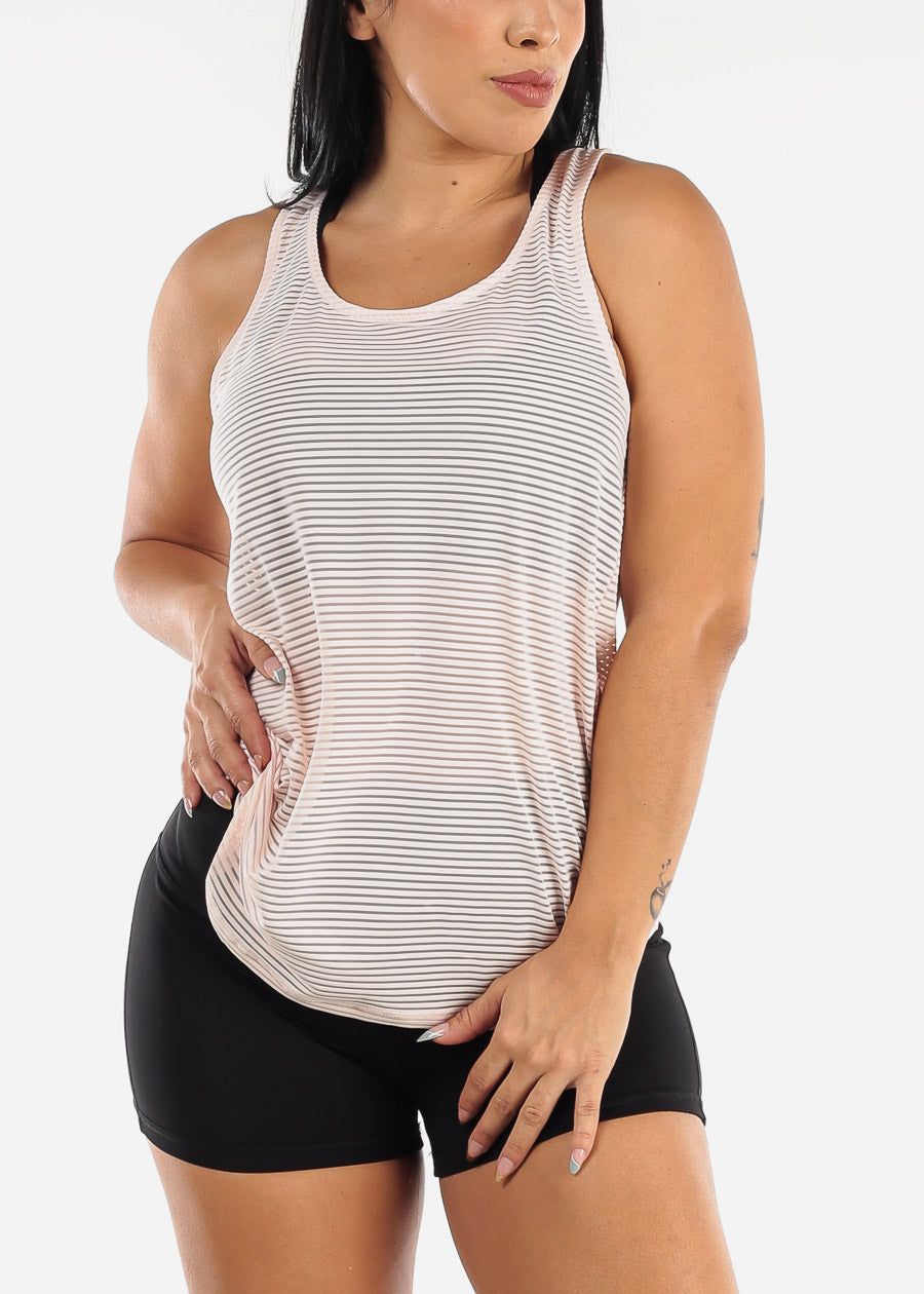 Pink Sheer Striped Mesh Racerback Active Tank Top sold by Moda