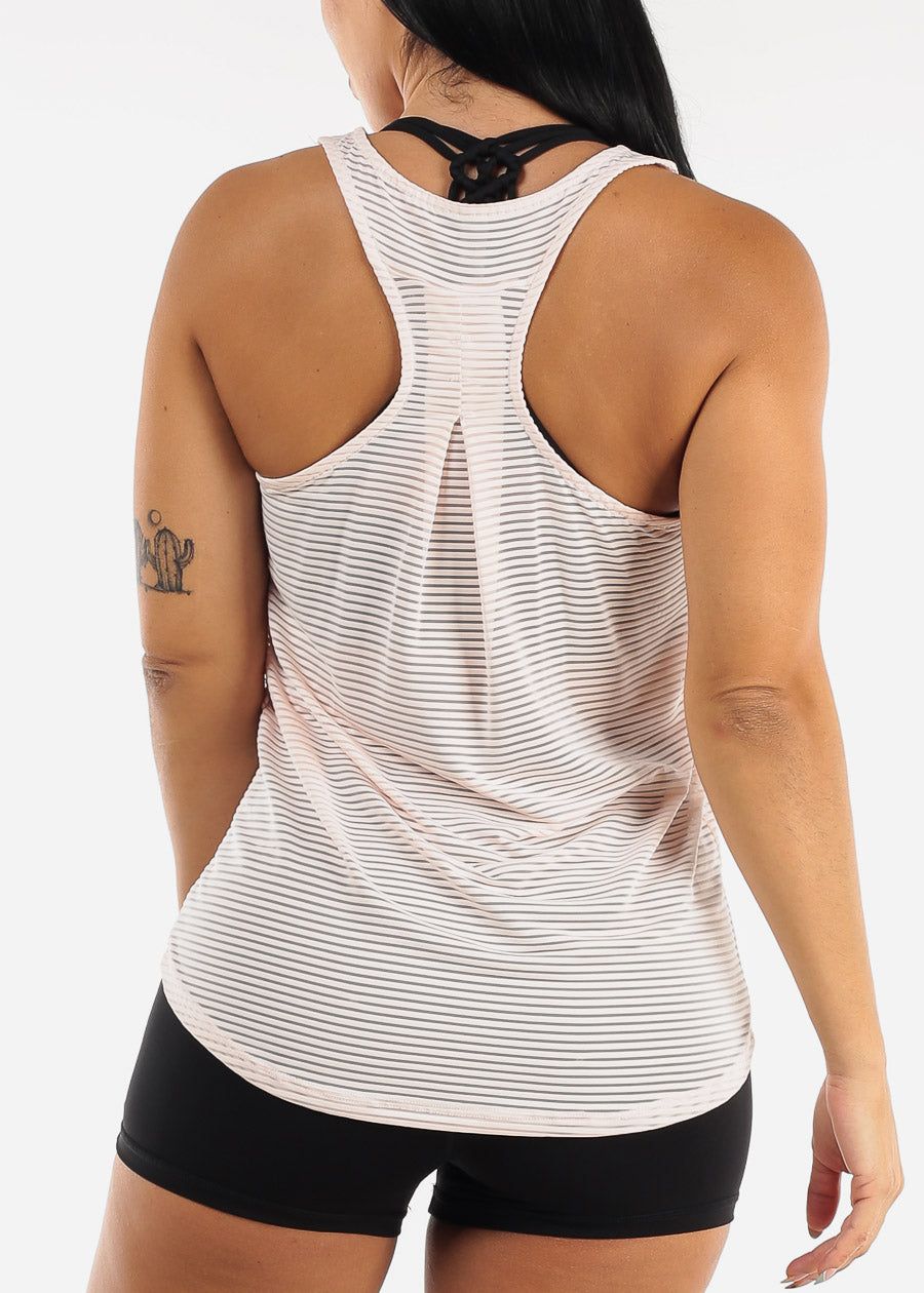 Pink Sheer Striped Mesh Racerback Active Tank Top sold by Moda product image thumbnail 4
