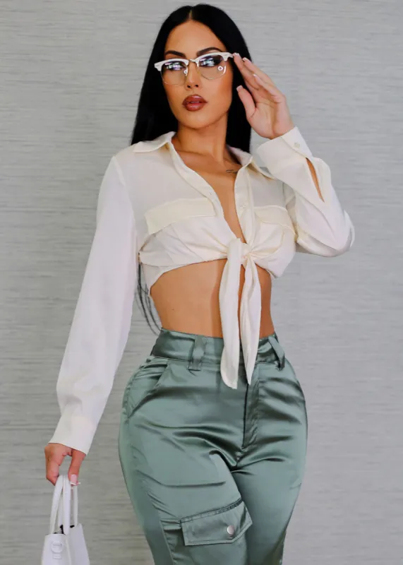 Long Sleeve Button Up Satin Crop Top Ivory sold by Moda