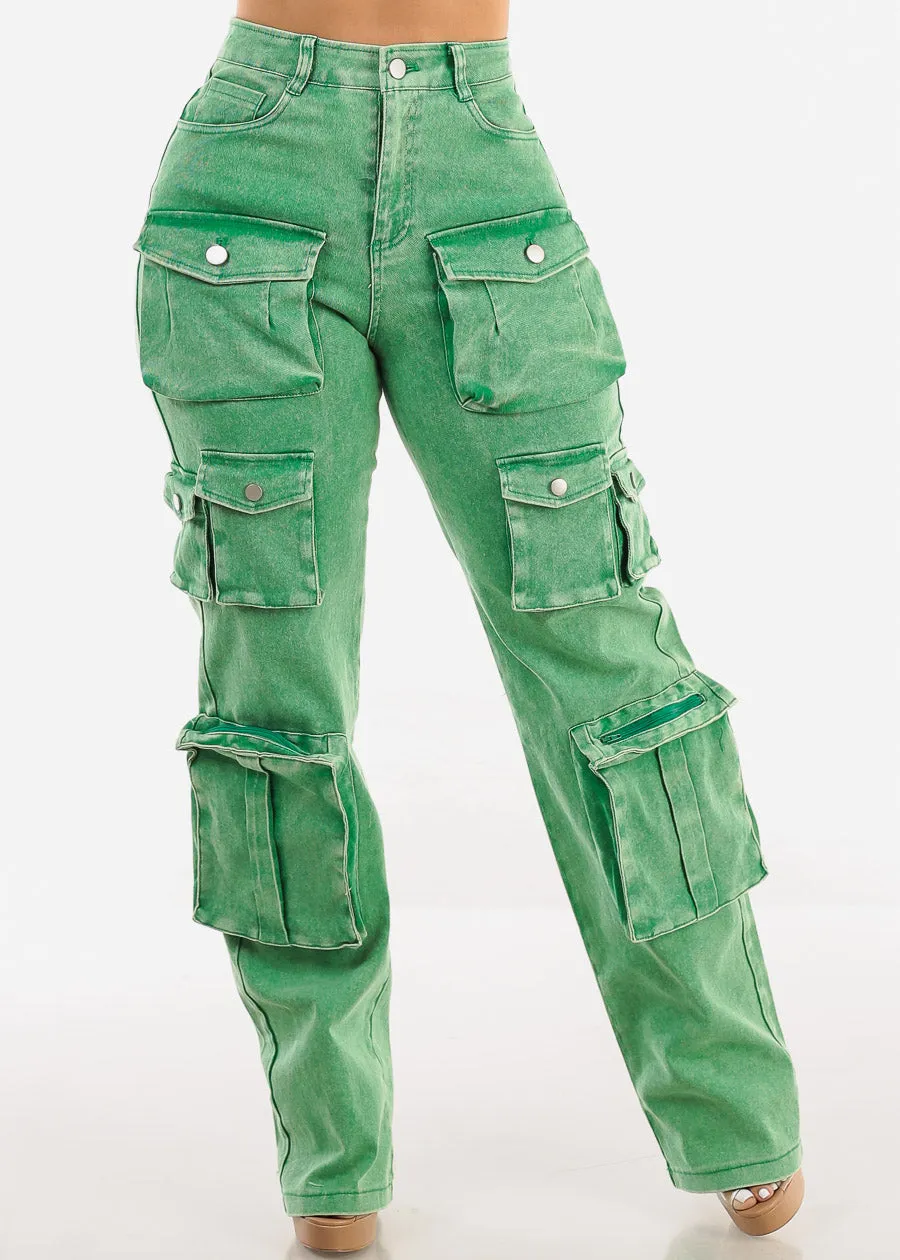 High Waist Utility Cargo Jeans Acid Wash Green sold by Moda