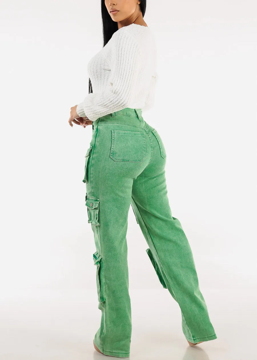 High Waist Utility Cargo Jeans Acid Wash Green sold by Moda product image thumbnail 5