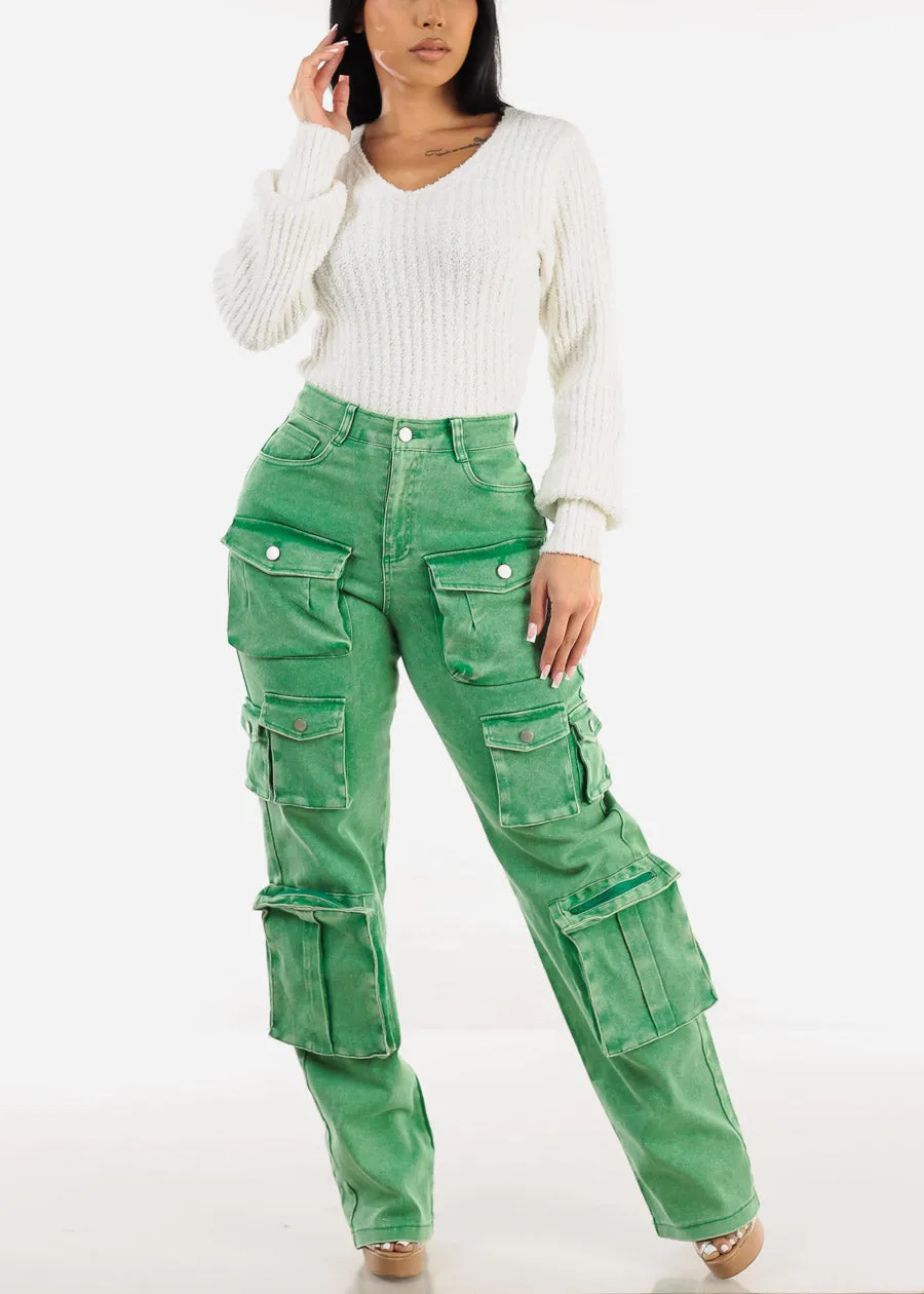 High Waist Utility Cargo Jeans Acid Wash Green sold by Moda product image thumbnail 2