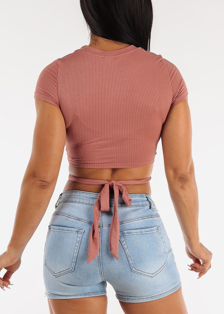 Short Sleeve Cut Out Rose Ribbed Crop Top w Waist Tie sold by Moda product image thumbnail 4