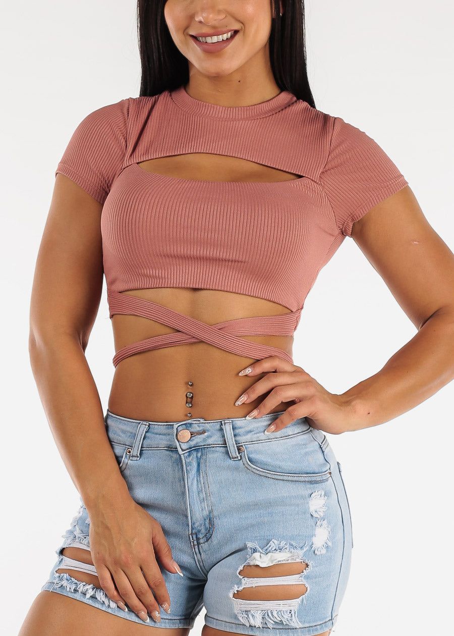 Short Sleeve Cut Out Rose Ribbed Crop Top w Waist Tie sold by Moda