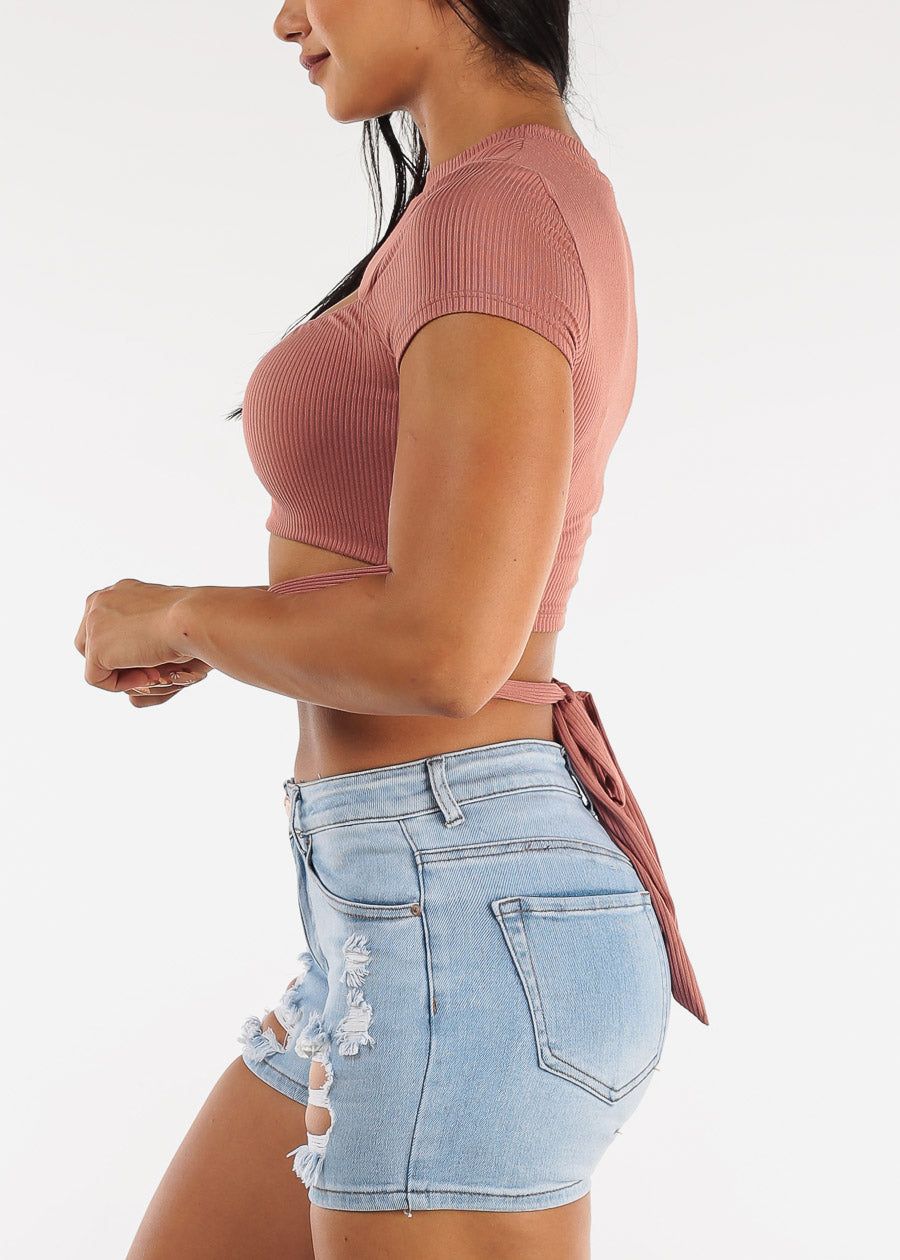 Short Sleeve Cut Out Rose Ribbed Crop Top w Waist Tie sold by Moda product image thumbnail 3