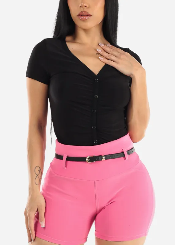 Black Vneck Button Up Ruched Top sold by Moda
