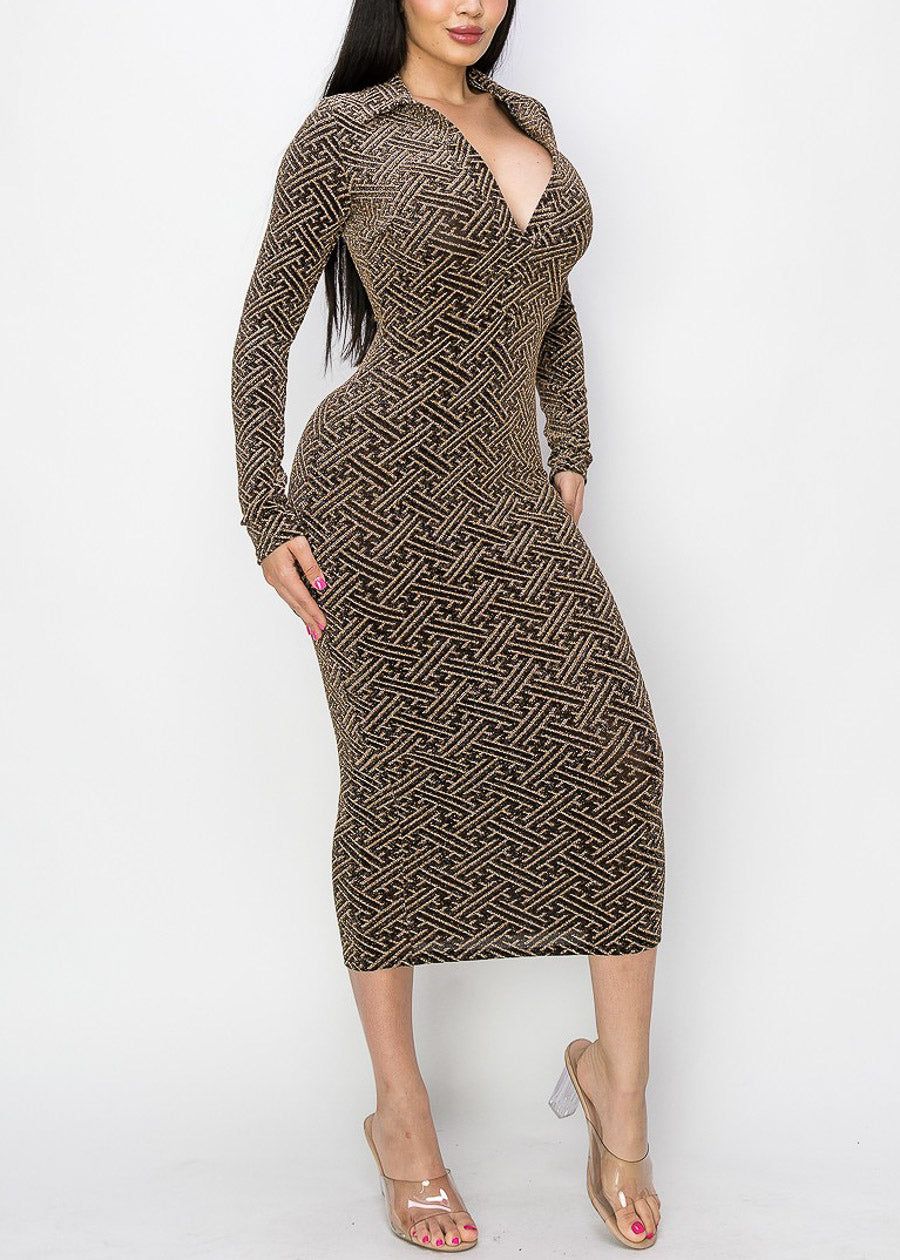 Sexy Long Sleeve Metallic Collared Midi Dress sold by Moda product image thumbnail 2