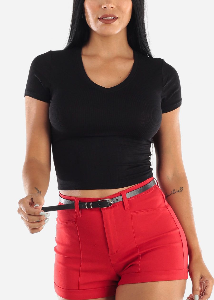 Black V-Neck Crop Top sold by Moda