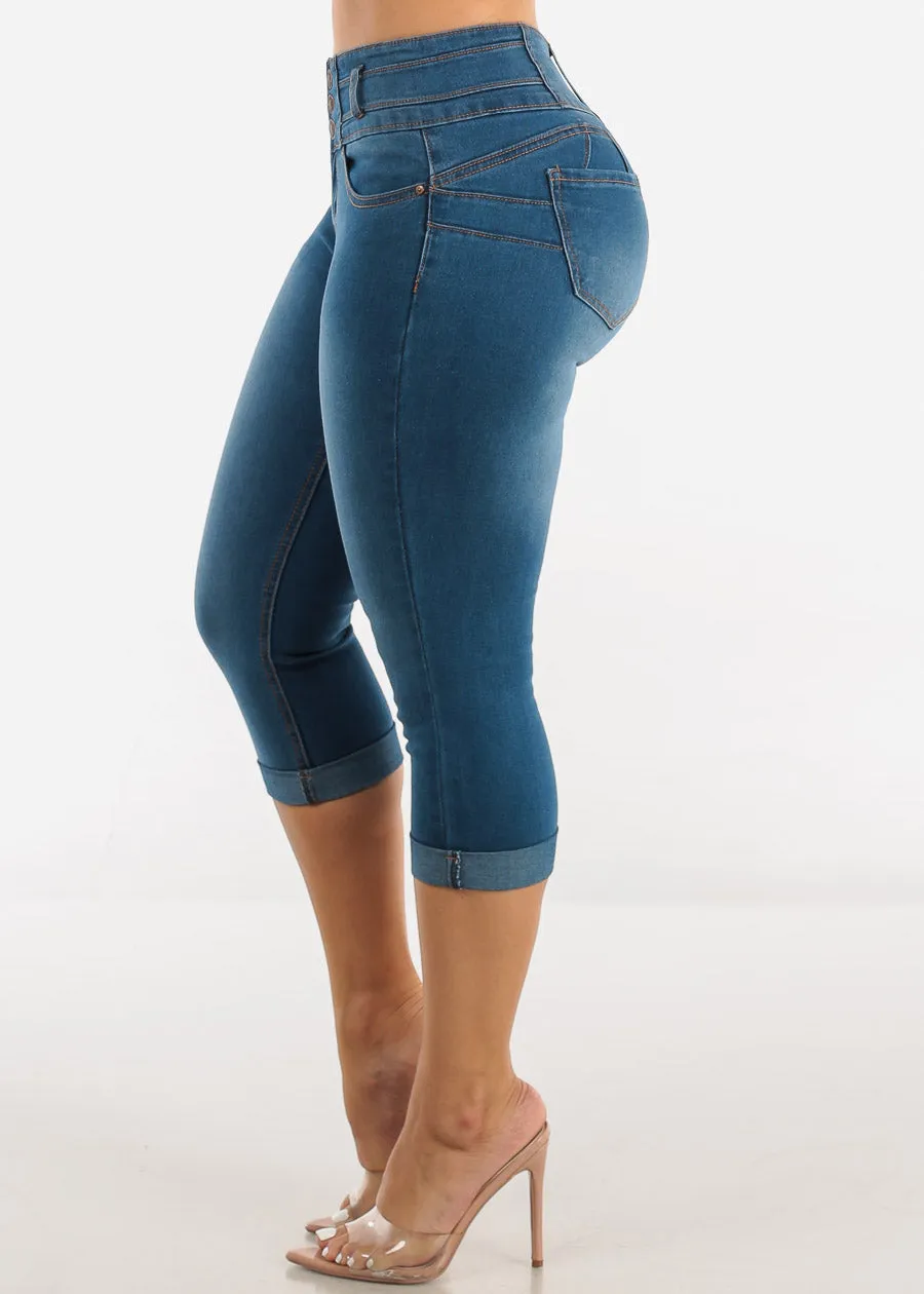 Mid Rise Butt Lifting Cuffed Denim Capris Med Wash sold by Moda product image thumbnail 4