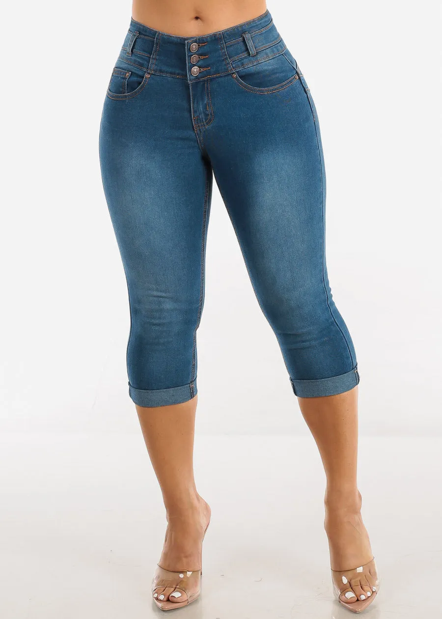 Mid Rise Butt Lifting Cuffed Denim Capris Med Wash sold by Moda product image thumbnail 3