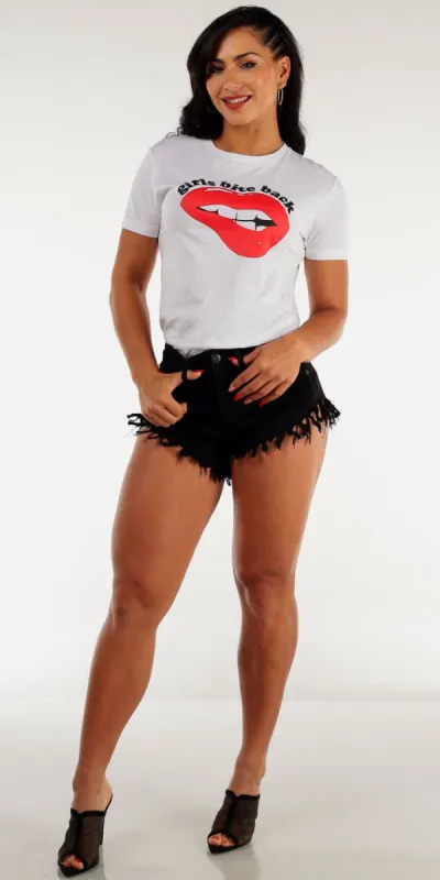 Black Torn Frayed Hem Denim Shorts with White Short Sleeve Graphic Tee "Girls Bite Back" sold by Moda