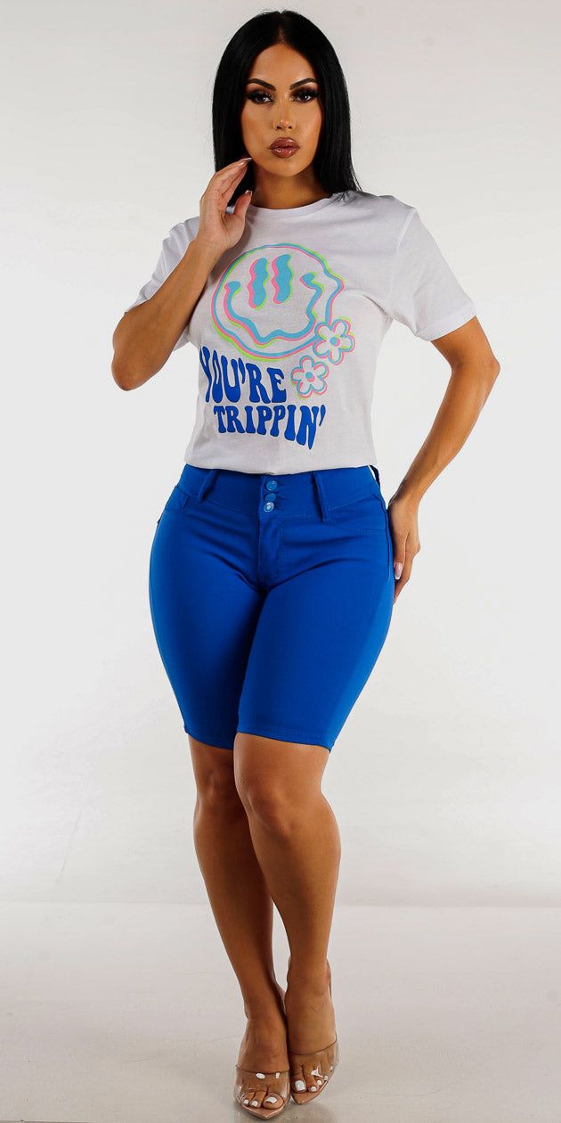 Blue Hyper Stretch Butt Lifting Bermuda Shorts with Short Sleeve White Graphic Tee sold by Moda