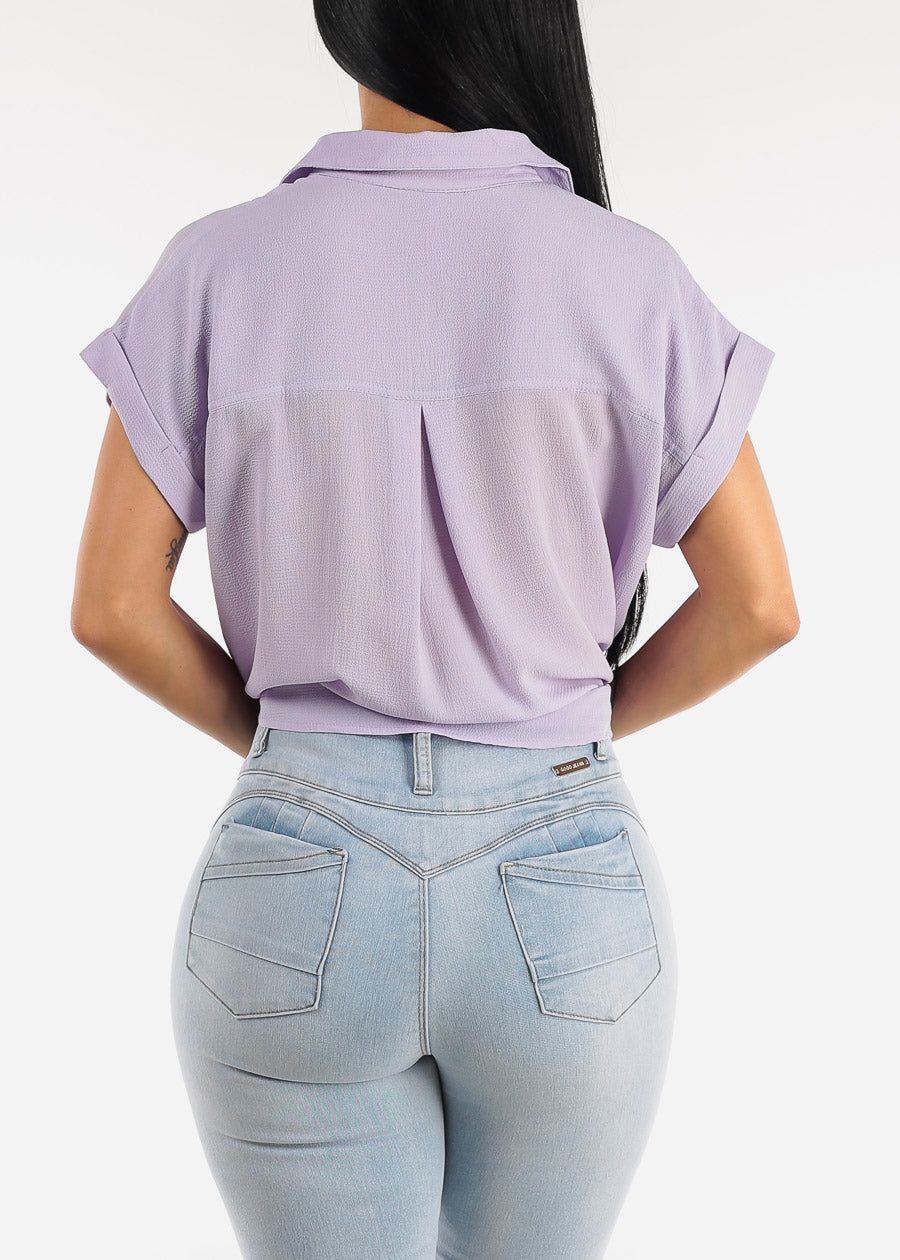 Lavender Button Up Drawstring Hem Short Sleeve Blouse sold by Moda product image thumbnail 4