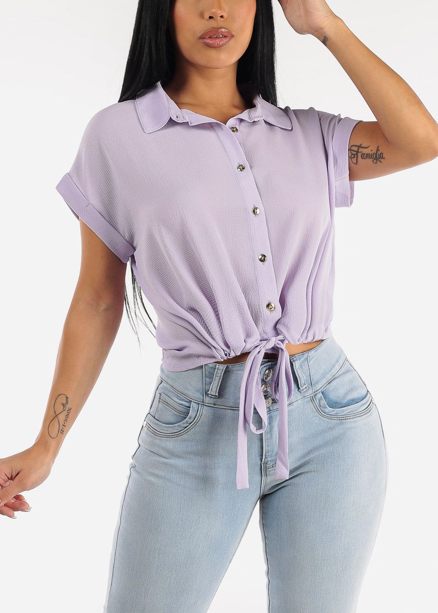 Lavender Button Up Drawstring Hem Short Sleeve Blouse sold by Moda