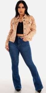 High Rise Dark Flared Jeans Black Long Sleeve Crop Top and Khaki Acid Wash Denim Jacket sold by Moda