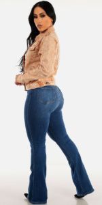High Rise Dark Flared Jeans Black Long Sleeve Crop Top and Khaki Acid Wash Denim Jacket sold by Moda