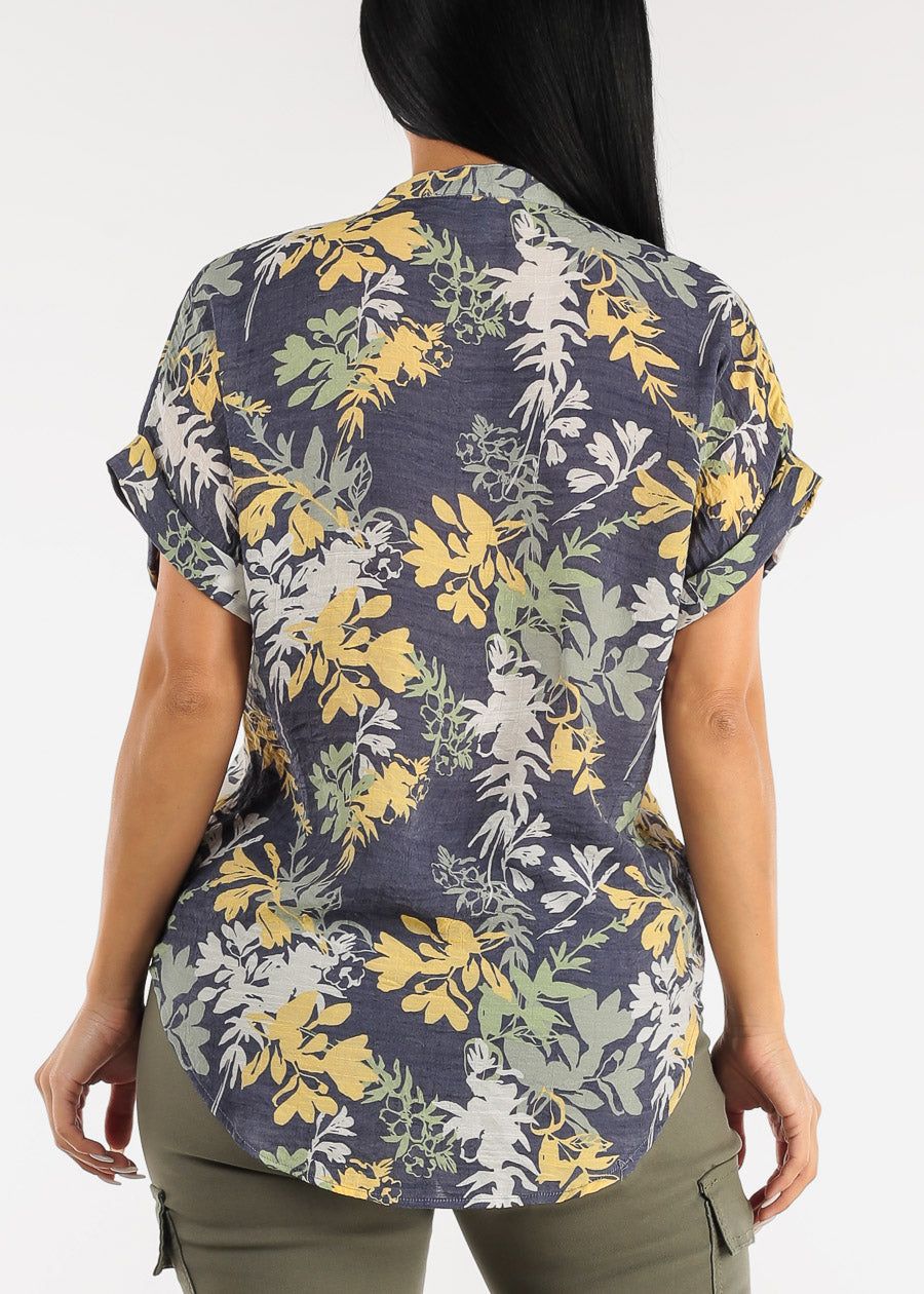 Short Sleeve Button Up Floral Tunic Shirt Navy sold by Moda product image thumbnail 4