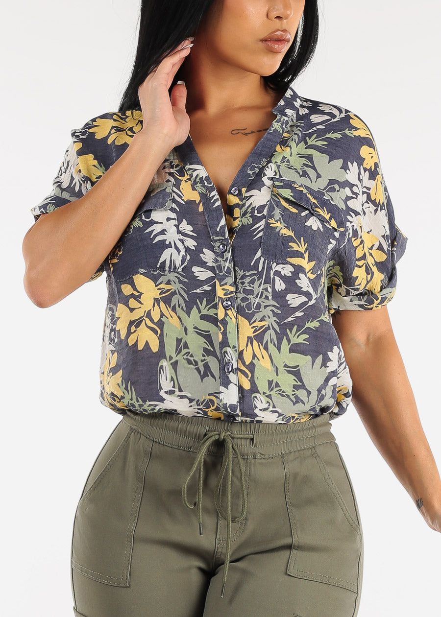 Short Sleeve Button Up Floral Tunic Shirt Navy sold by Moda