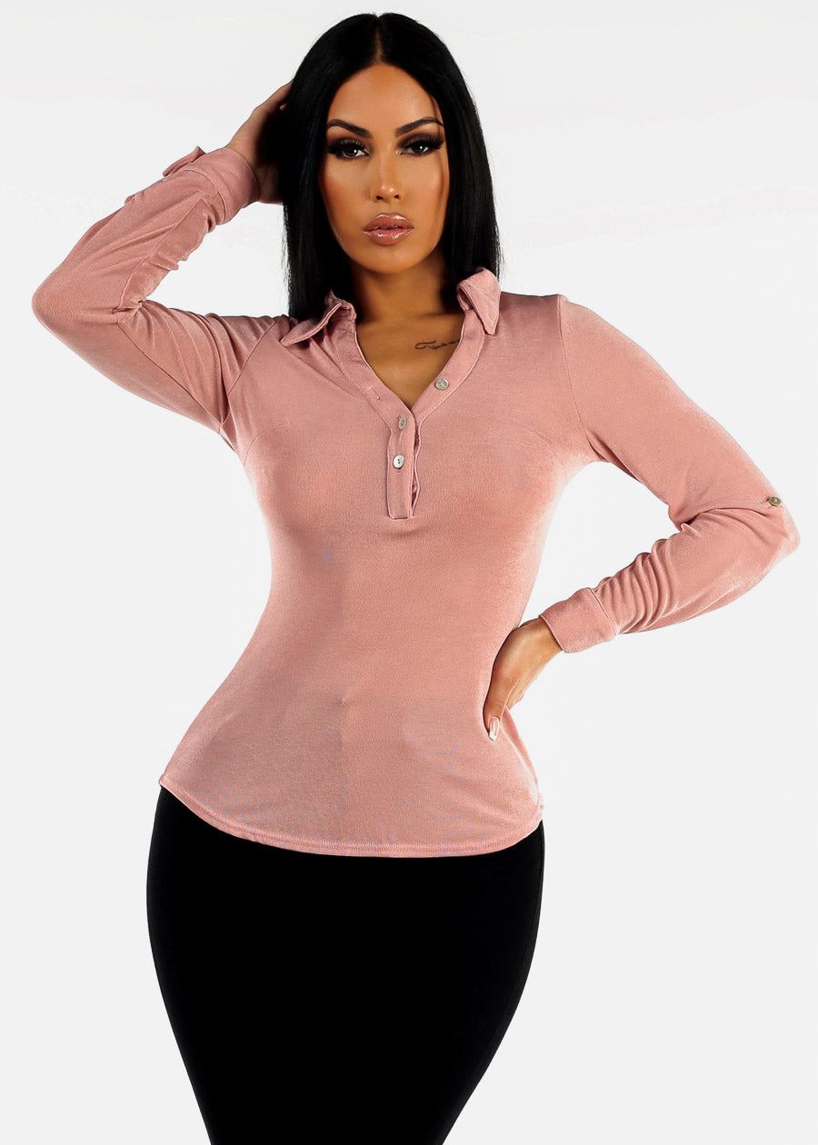 Long Sleeve Slinky Fitted Blouse Mauve sold by Moda