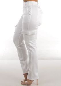 White High Waisted Straight Cargo Pants sold by Moda