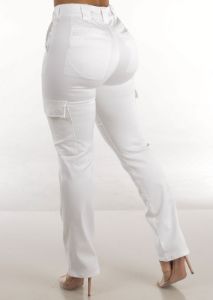 White High Waisted Straight Cargo Pants sold by Moda