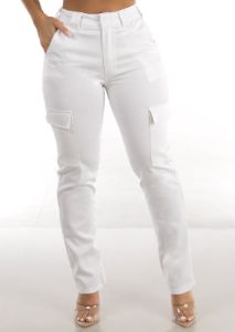 White High Waisted Straight Cargo Pants sold by Moda