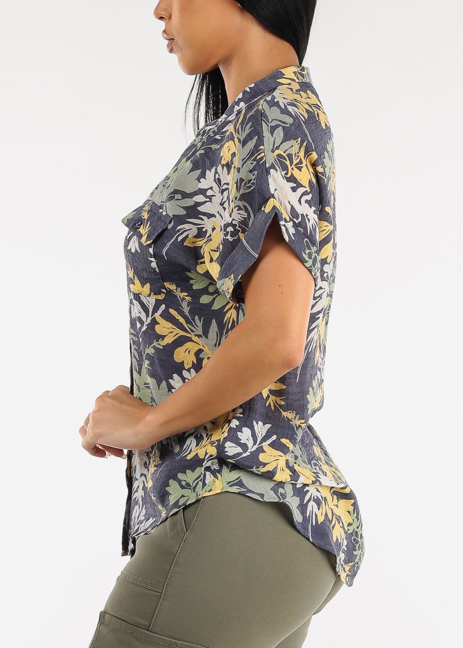 Short Sleeve Button Up Floral Tunic Shirt Navy sold by Moda product image thumbnail 3