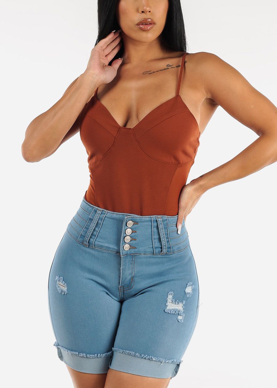 Mocha Spaghetti Strap Bodysuit with Mesh Sides sold by Moda product image thumbnail 5