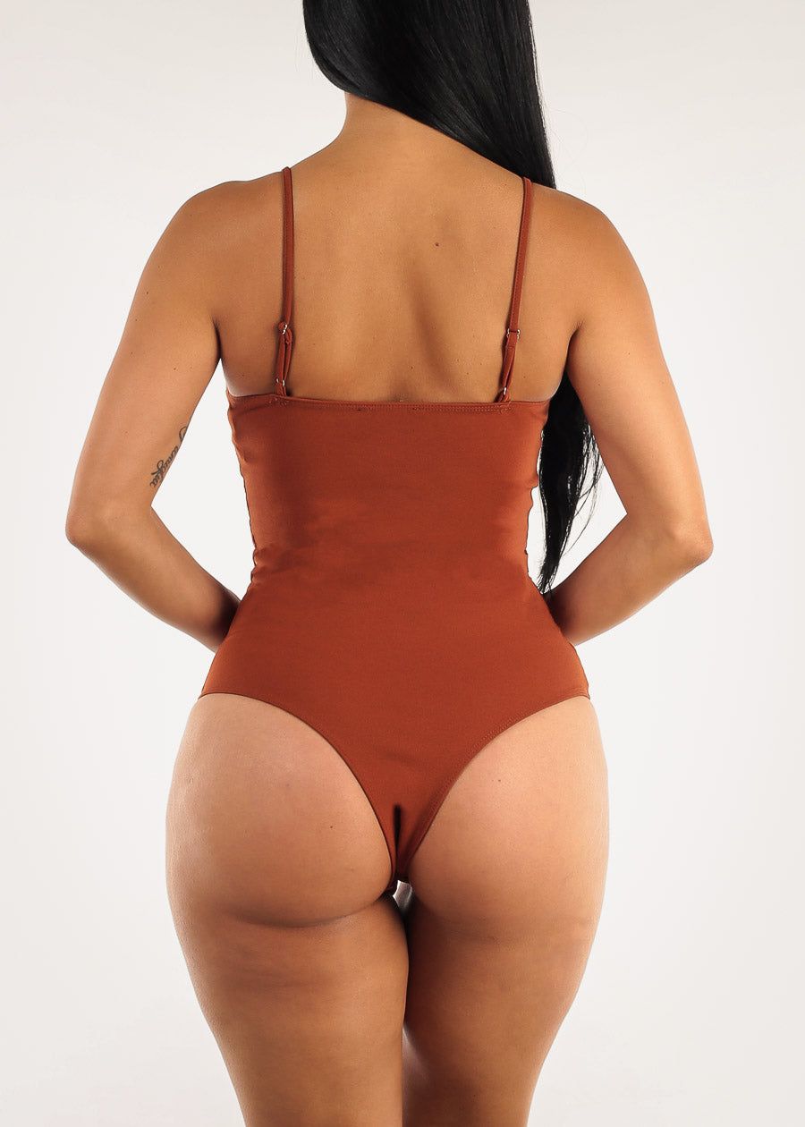 Mocha Spaghetti Strap Bodysuit with Mesh Sides sold by Moda product image thumbnail 4