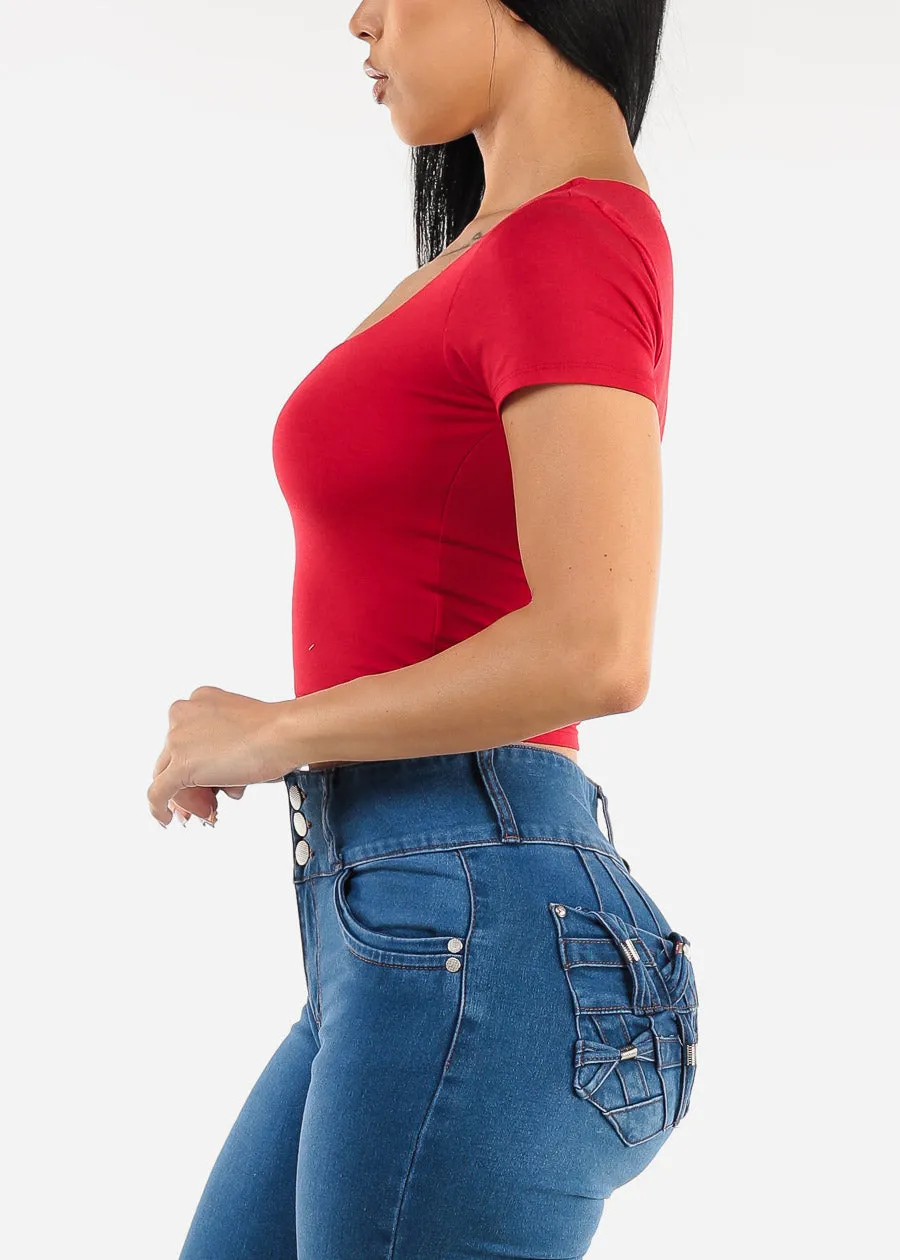 Short Sleeve Square Neck Crop Top Red sold by Moda product image thumbnail 3