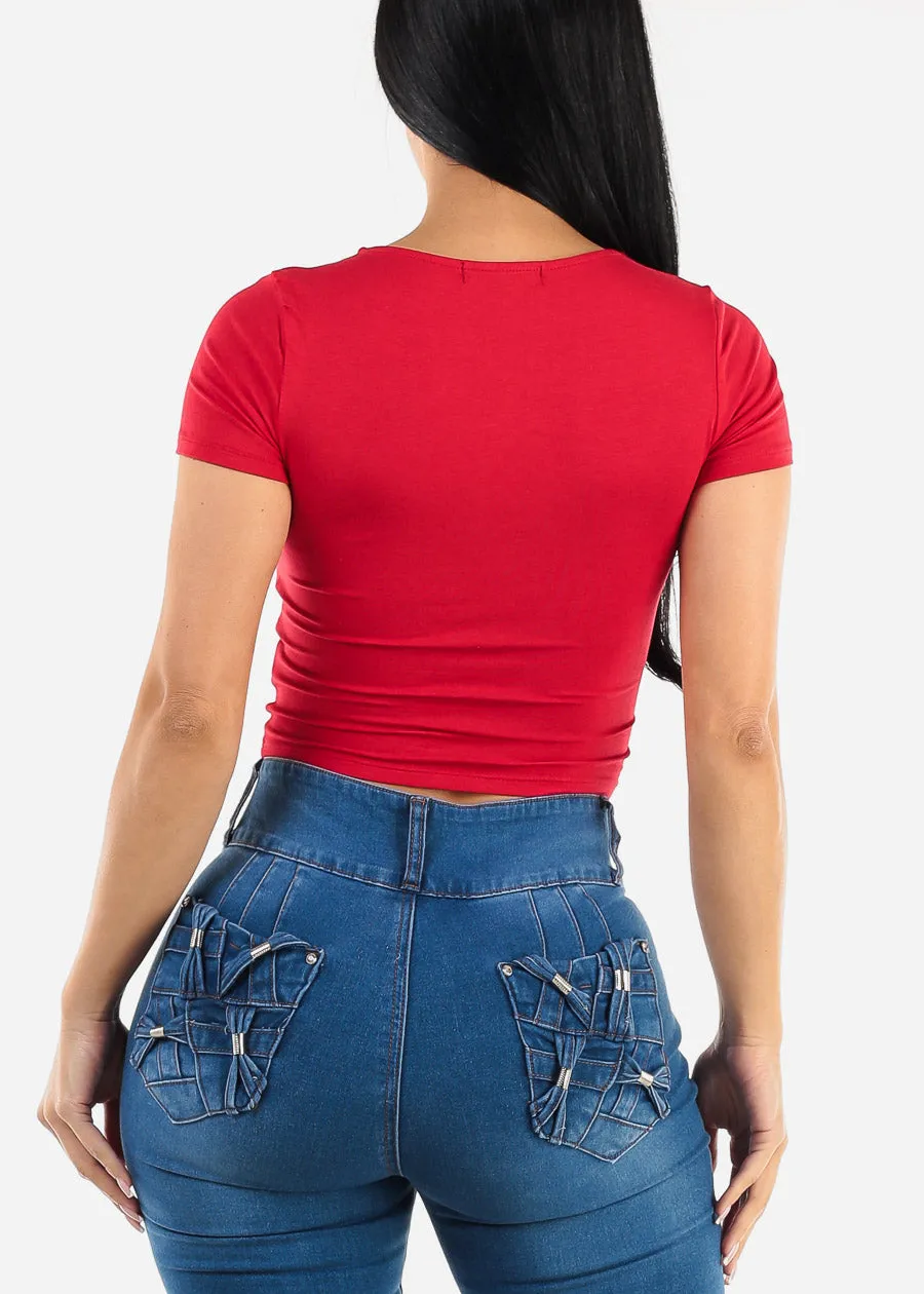 Short Sleeve Square Neck Crop Top Red sold by Moda product image thumbnail 4